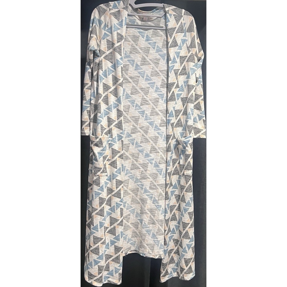 LuLaRoe Geometric Long Kimono Jacket Open Front Blue Gray Beige Size S
